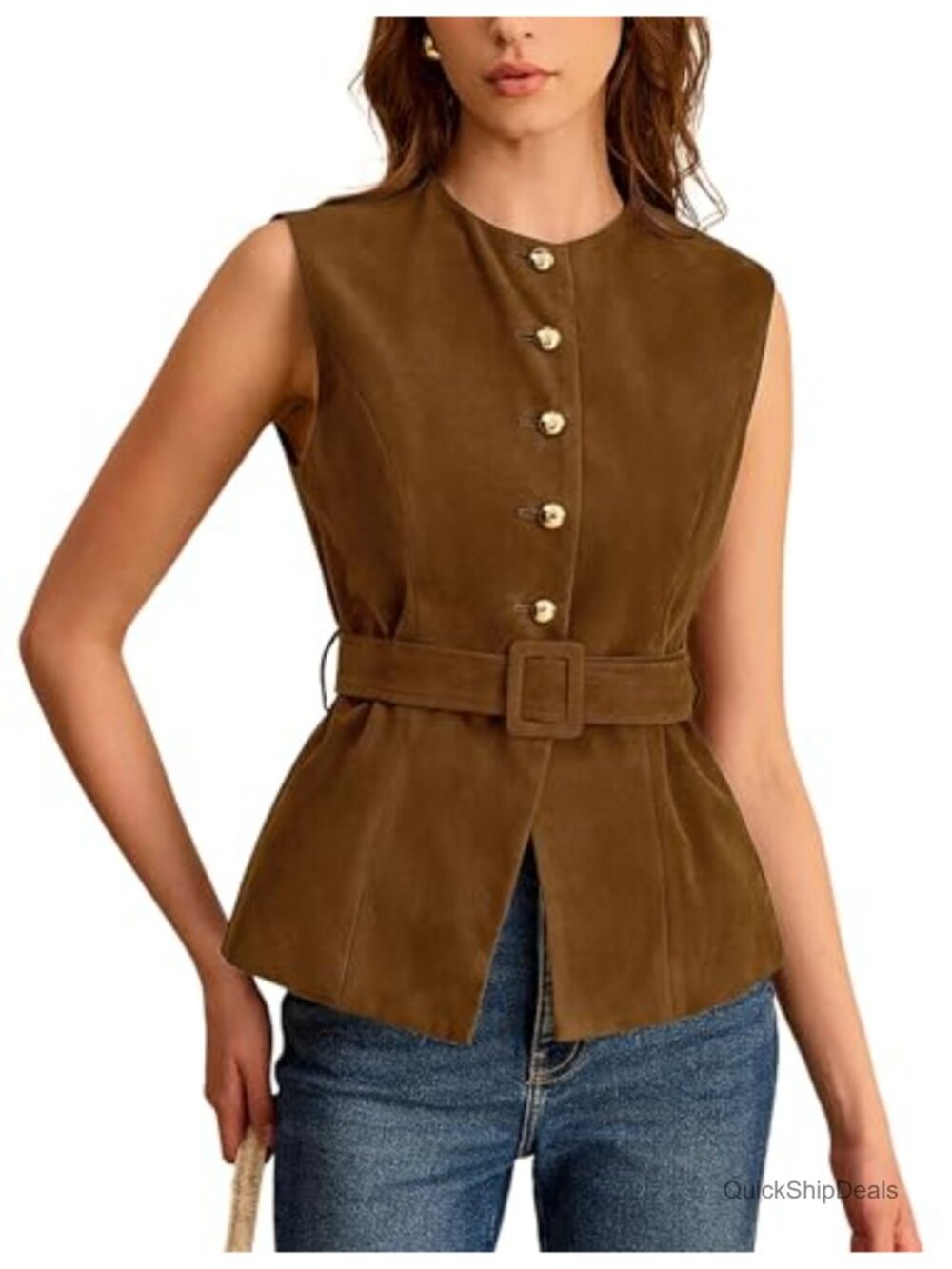 Suede Vest Crew Neck Sleeveless Button Down Dressy Suit with Belt